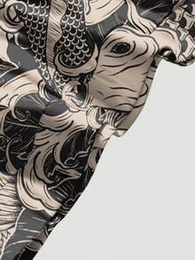 ROMWE Grunge Punk Neo-Chinese Punk Goldfish Calligraphy Chrysanthemum Retro Elastic Plus Size Leggings - Khaki - View 3