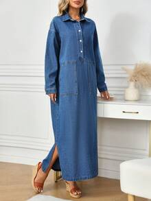 EMERY ROSE 女士宽松休闲长款牛仔连衣裙 - 深色水洗藍 - 查看 3