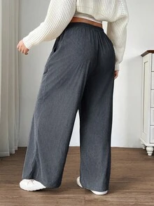 SHEIN EZwear Plus Size Women's High Waist Loose Fit Wide Leg Pants, Rose Red Corduroy Fabric With Pockets And Patch Design, Suitable For Campus, Daily Wear, And Indoor Work, Autumn/Winter Comfy Pants Gray Pants Corduroy Pants - Dark Grey - View 2