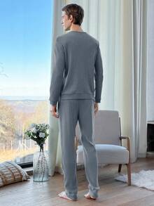 EURMUSE Cotton Men'S Ribbed Knit Homewear Set - Dusty Blue - View 4