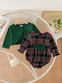 Souflis Souflis Baby Girls Elegant & Sweet Jacket And Plaid Bodysuit Set, Autumn Outfit - Green - View 3