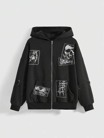 Grunge Punk Felpa oversize da donna con stampa patchwork di teschi e ragnatele, stile punk chic