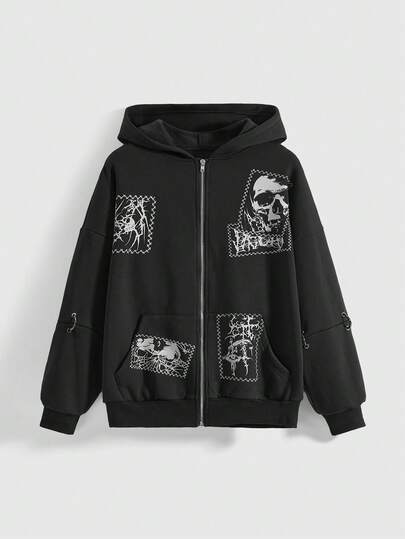 Grunge Punk Sudadera holgada con estampado de calavera y telaraña en estilo punk chic para mujer
