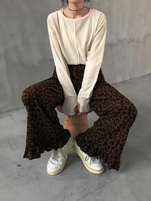 FRIFUL 豹纹休闲宽松阔腿舒适带口袋女裤 - 棕色 - 查看 3