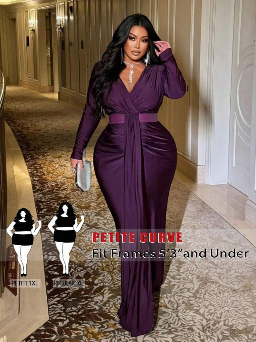 SHEIN PETITE CURVE 大码女士性感深V收腰修身优雅派对迷你连衣裙 - 紫色 - 查看 1