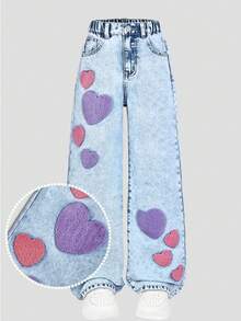 SHEIN Tween Girls Jeans - Fashion Distressed Snow Wash Embroidered Wide Leg Jeans Cute Jean Kawaii Pants Big Kids Jeans Cherry Jeans Cute Baggy Jeans - Light Wash - View 2