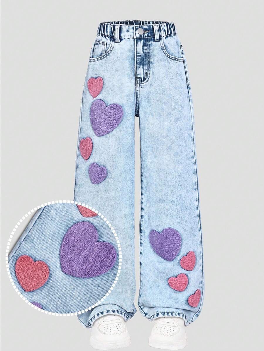 SHEIN Tween Girls Jeans - 时尚做旧雪花水洗刺绣阔腿牛仔裤 - 淺色水洗藍 - 查看 1