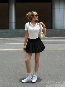 SHEIN 2pcs/Set Teen Girl Casual Simple Comfortable Polo Collar T-Shirt & Pleated Mini Skirt Suit