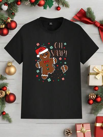 Manfinity Homme 圣诞可爱姜饼人印花修身男士加大码黑色短袖T恤，温馨家庭氛围亲子/情侣姜饼人T恤