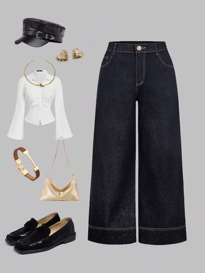 SHEIN MOD Plus Size Fashion Casual Wide Leg Baggy Loose Jeans, Western Winter Christmas New Year Graduation Chic Versatile Jeans For Everyday Wear