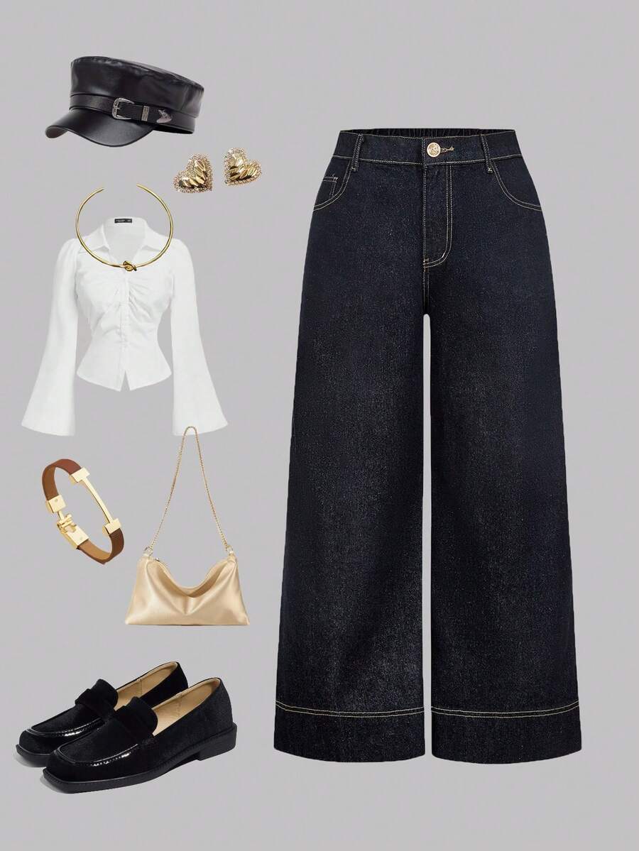 SHEIN MOD Plus Size Fashion Casual Wide Leg Baggy Loose Jeans, Western Winter Christmas New Year Graduation Chic Versatile Jeans For Everyday Wear - Dark Wash - View 1