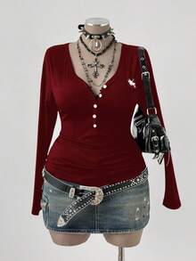 Sunspun V-Neck Button Front Embroidered Horse Logo Long Sleeve Slim Fit Waist Cinched Top, Versatile & Minimalist Design For Plus Size, Suitable For Commuting - Burgundy - View 5