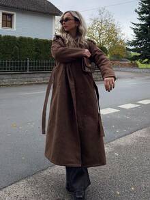 Jeta Ari 女式仿麂皮绒翻领休闲长款常规夹克，秋季 - 咖啡棕 - 查看 4