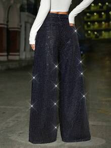 SHEIN ICON 女士水钻装饰口袋阔腿宽松休闲牛仔裤 - 黑色 - 查看 2