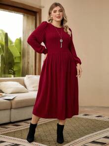 Rosumi Plus Solid Lantern Red With Sleeves Sleeve Ribbed Knit Winter Dress - Burgundy - View 6