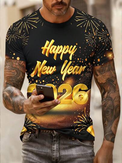 Manfinity Homme 2026 New Year Graphic Print Fashionable Crew Neck Short Sleeve Top, Versatile Men's T-Shirt