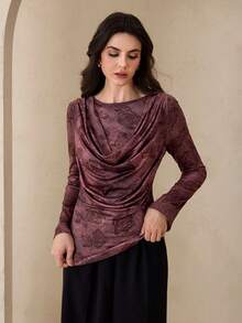 Graceveil Chemise élégante à manches longues pour femmes, col à volants, taille froncée, imprimé rose bordeaux, pour sorties et rendez-vous, automne/hiver - Rouge foncé - Voir 6