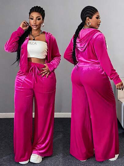 Maweii Plus Size Women Casual Street Zip-Up Hooded Jacket And Skinny Pants Two Pieces Set