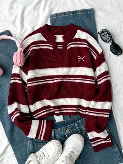 SHEIN 少女V领条纹针织套头毛衣，休闲撞色款