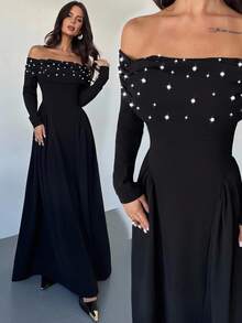 Firerie Vestido largo de línea A con hombros descubiertos, manga larga, fruncido y cuentas para mujer, vestido elegante y sexy para eventos de noche, vestido vintage con decoración de perlas, adecuado para primavera, verano, otoño, elegante, viajes, sexy, vacaciones, playa, estilo bohemio, Hawái, festivales de música, romántico, citas, fiestas, bodas, graduación, actuaciones, conciertos, trabajo, regreso a clases, cumpleaños de mujer - Negro - Ver 3