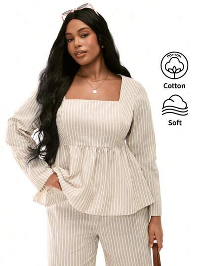 Solavibe Conjunto informal de 2 piezas de camisa con cuello cuadrado con volantes y pantalones de pierna ancha para mujer talla grande