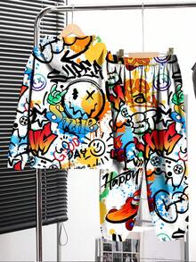 SHEIN 2 件装 Tween 男童休闲卡通字母印花连帽衫套装，舒适，适合秋冬季 - 彩色 - 查看 3