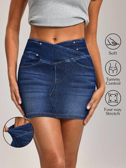 Flexra Women's Asymmetric Waist Casual Denim Pencil Skirt