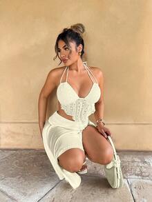Zolique Beach Vacation Woman Sexy Drawstring Halter Simple Fashion Daily Casual - Apricot - View 4