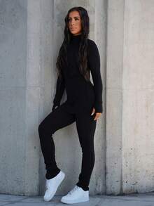 SAYEHFBABY 2pcs Simple Style Women Stand Collar Long Sleeve Top And Pants Set - Black - View 5