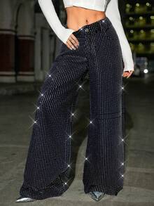 SHEIN ICON 女士水钻装饰口袋阔腿宽松休闲牛仔裤 - 黑色 - 查看 3
