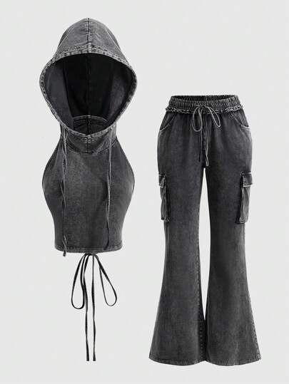 Grunge Punk Débardeur court ajusté pour femme avec capuche, dos nu et cordon de serrage, style punk apocalyptique pour festival de musique