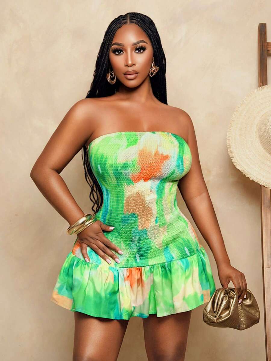 BamGleam Women's Sexy Tie Dye Bandeau Mini Dress, Summer