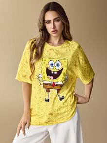 SpongeBob SquarePants | SHEIN 女士休闲宽松黄色卡通图案T恤，秋冬款 - 黃色 - 查看 4