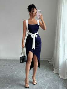 Rafferiza Asymmetric Fitted Bowknot Commuter Minimalist Style Dress For Women, Spring/Summer - Navy Blue - View 4