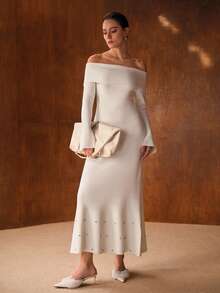 MOTF PREMIUM CHIC OVERSIZED COLLAR OFF-SHOULDER BELL SLEEVE RHINESTONE EMBELLISHED FISHTAIL HEM MAXI SWEATER DRESS, AUTUMN/WINTER - Beige - View 5