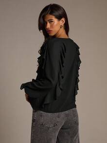 Aloruh Women's Solid Color Ruffle V-Neck Long Sleeve Fashion Blouse - Black - View 2