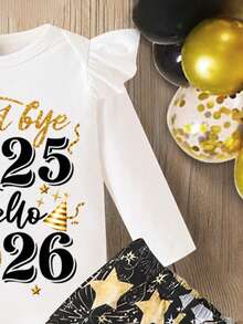 2件套女婴2026新年烟花字母印花圆领长袖荷叶边下摆连体衣和喇叭裤套装，适合新年、春季和秋季穿着。 - 彩色 - 查看 3