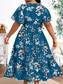 SHEIN Plus Size Holiday Floral Print Dress Maxi Women Outfit - Teal Blue - View 2