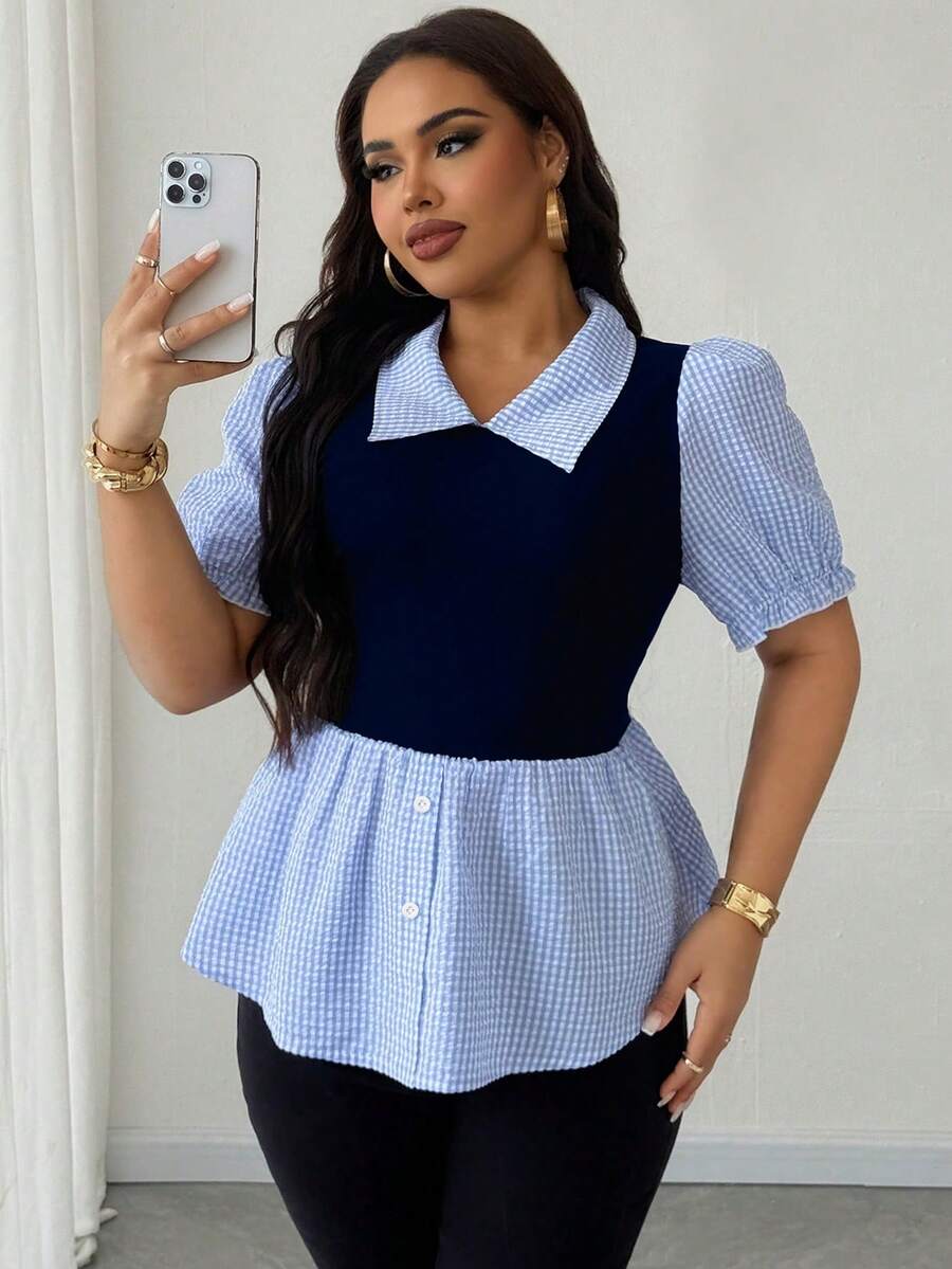 Maweii Blusa de talla grande para mujer con cuello solapa y parche a cuadros, 2 en 1
