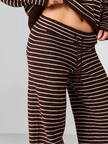 MISSGUIDED Ribbed Knit Wide Leg Palazzo Pants With Horizontal Stripes For Fall Winter Loungewear Comfort - Multicolor - View 4