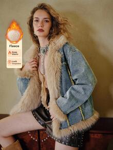 MOTF STUDIO CONTRAST FAUX FUR TRIM RAW HEM DENIM JACKET - Blue - View 2