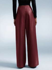 GENKIRA 女式 PU 材质，复古美式设计，腰部收紧宽松休闲百搭阔腿直筒裤 - 紅色 - 查看 2