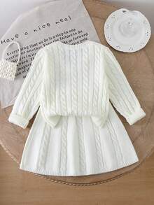 SHEIN Genkimix Kids 2pcs/Set Toddler Girls' Fashion V-Neck Vintage Cable Knit Sweater Top With Black Horse Embroidery Paired With Matching Knit Skirt, Casual Sporty Style, Comfortable And Smooth Texture, Suitable For Autumn/Winter Girl Knit Set Girls Sweater Dress Girl Clothes Autumn And Winter Clothes Girl S Spring And Autumn Dress Autumn And Winter Young Girls Dressse Girls Clothes Autumn And Winter Autumn And Winter Girls Dress Girl Spring And Autumn Dress - White - View 2