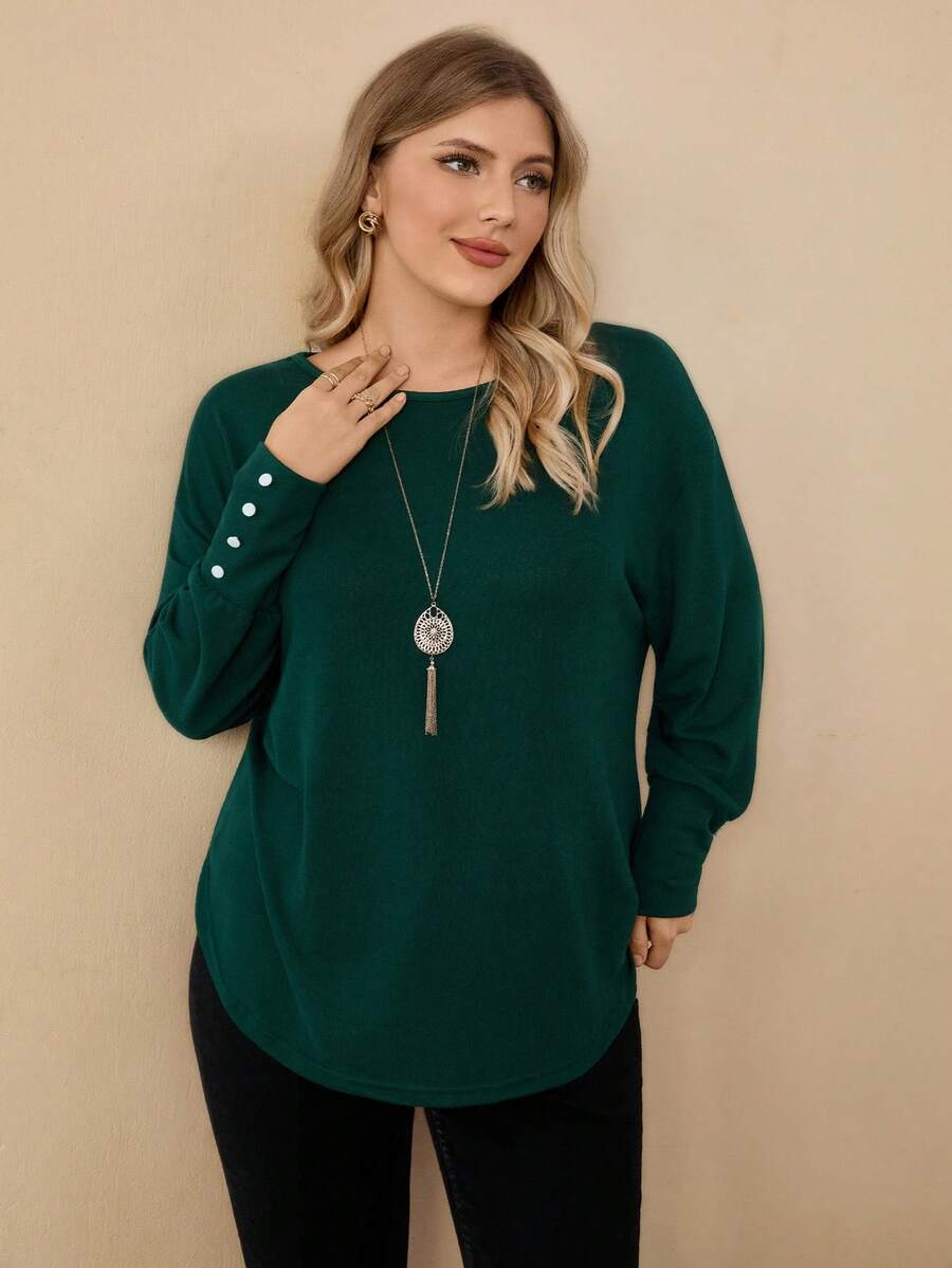 Rosumi Women Plus Size Solid Color Round Neck Long Sleeve Casual T-Shirt, Autumn Fall - Dark Green - View 1