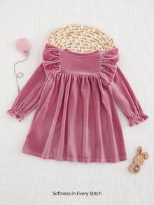 Cozy Pixies Kleine Mädchen Einfarbiges Samt Kleid mit Flügelärmel - Pink - Übersicht 2
