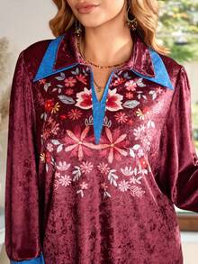 EMERY ROSE Blusa floral elegante de talla grande, blusa casual de otoño e invierno cálida y de estilo campestre - Burdeos - Ver 4