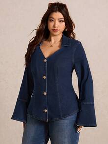 Elaquor 大码休闲/工作风喇叭袖牛仔衬衫，秋季款 - 深色水洗藍 - 查看 8