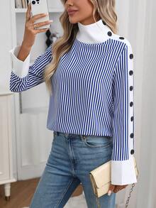 EMERY ROSE Women's Elegant High-End Design Contrast Color Block Collar Long Sleeve Casual Versatile Striped Shirt, Winter - Blue and White - View 5