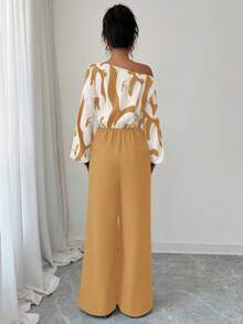 Elenzga Women's Printed Patchwork Waist Wide Leg Jumpsuit, Elegant Silhouette For Daily Commute And Versatile Wear - Khaki - View 2