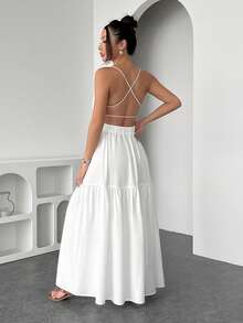 INAWLY Women's Solid Color Spaghetti Strap Criss-Cross Back Ruched Casual Dress - White - View 3